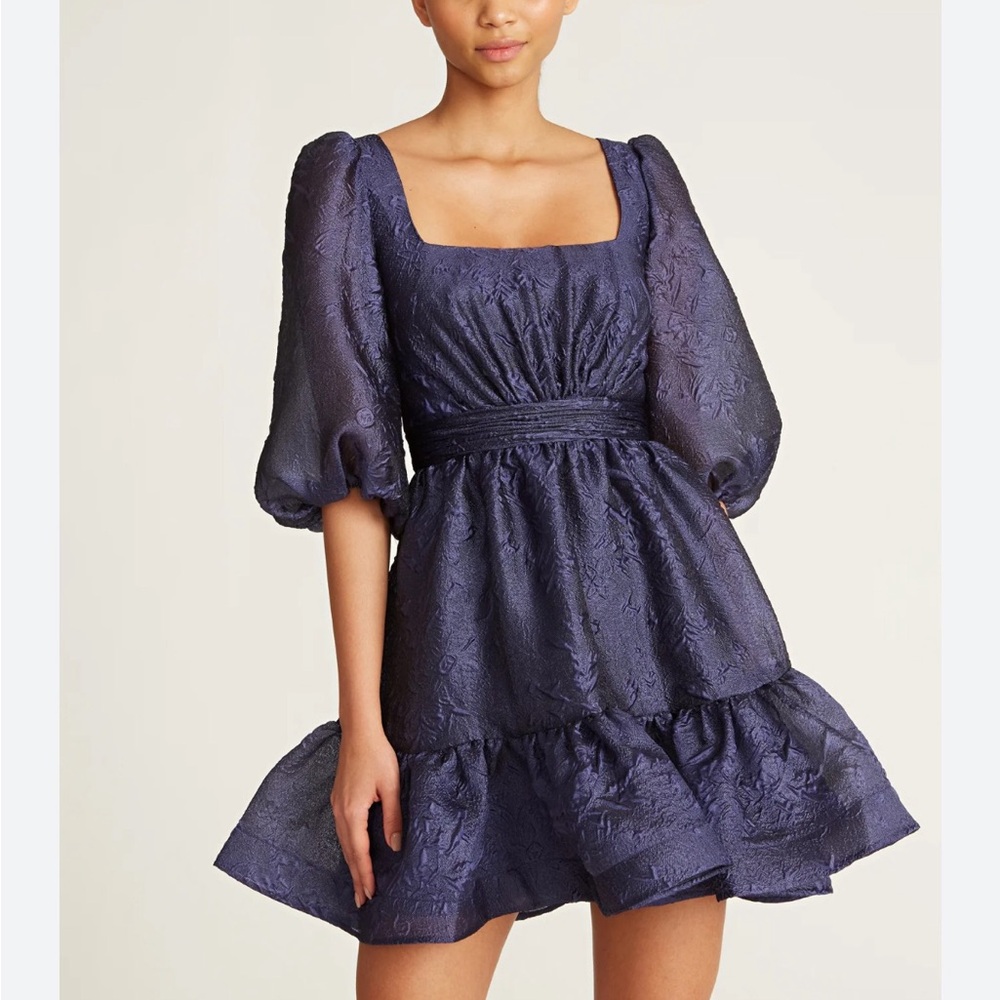 Theia Navy Blue Puff Sleeve Dress
